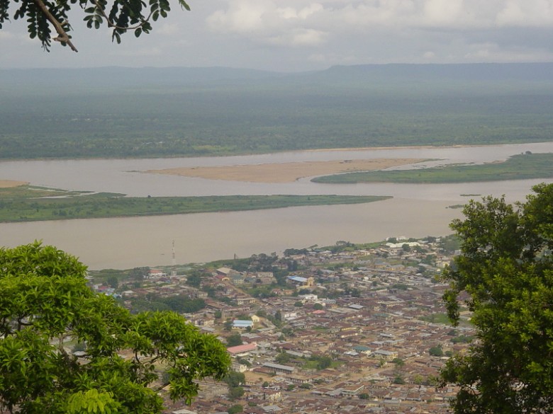 The confluence of the Niger and Benue rivers, Lokoja in the foreground.
