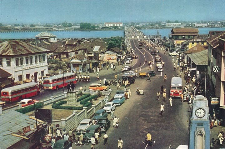 Carter bridge street scene, Lagos Island 1950s. Published by Federal ministry of Information